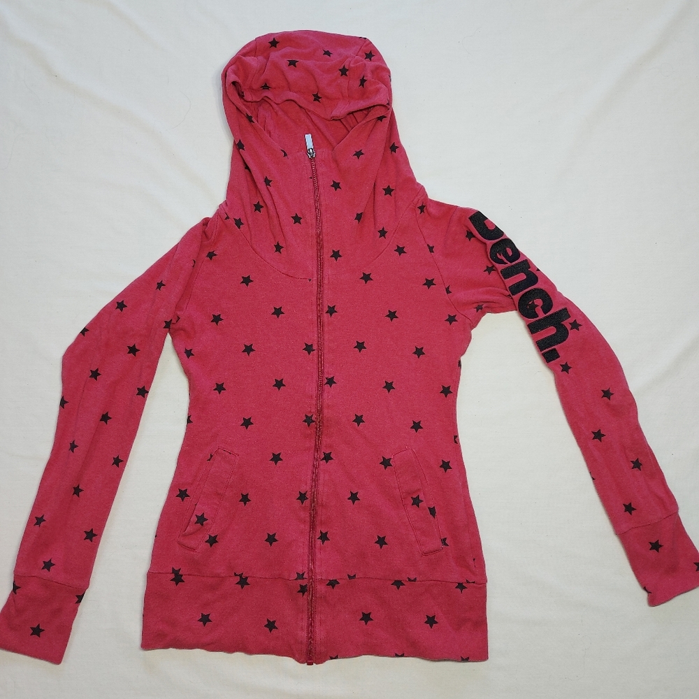 Bench Pink Lightweight Zippered Hoodie with Black Stars, Small